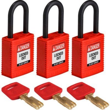 BRADY Brady® NYL-RED-38PL-KA3PK Brady SafeKey Lockout Padlock Nylon 1.5" Plastic Shackle Keyed Alike NYL-RED-38PL-KA3PK